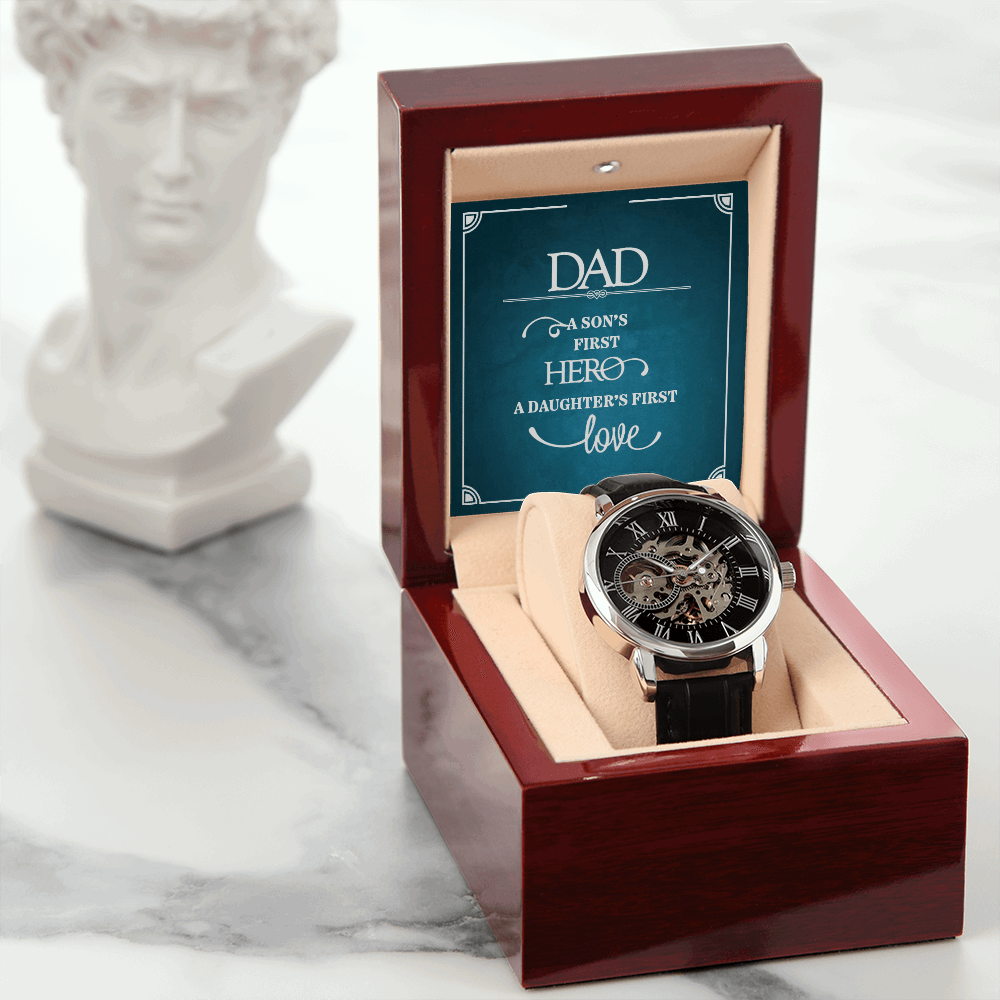 Dad a sons first Hero Men's Openwork Watch With Mahogany Box - StarShineBox -