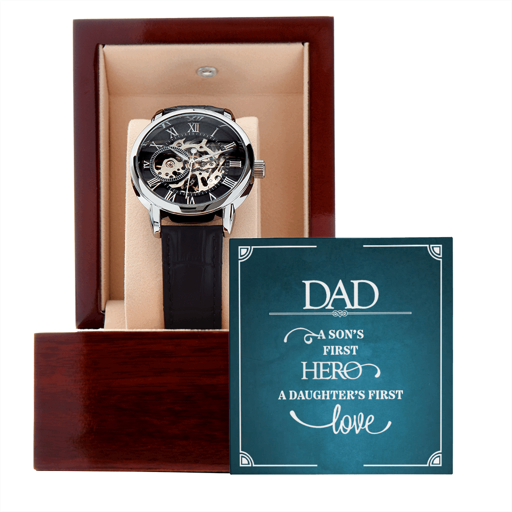 Dad a sons first Hero Men's Openwork Watch With Mahogany Box - StarShineBox -