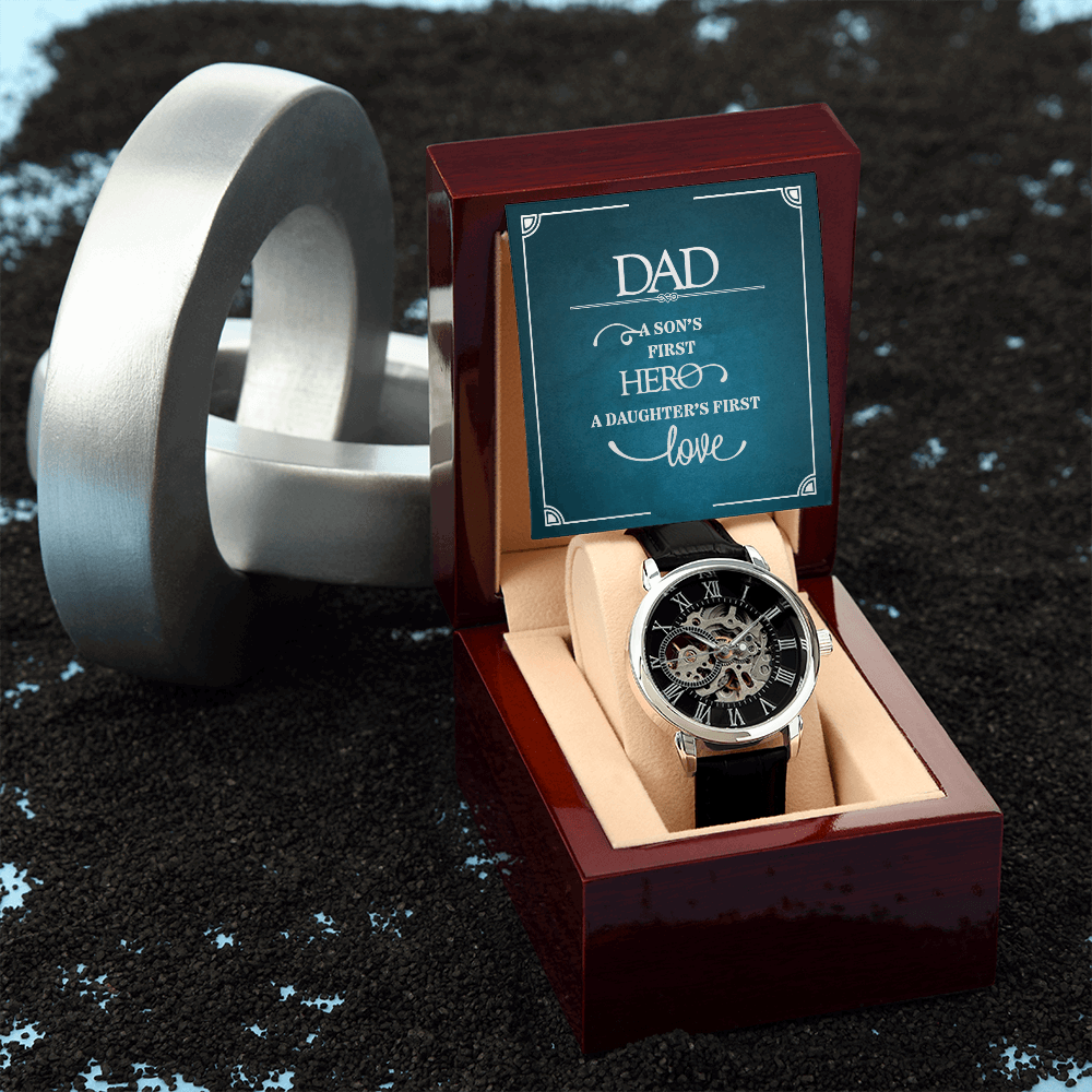 Dad a sons first Hero Men's Openwork Watch With Mahogany Box - StarShineBox -