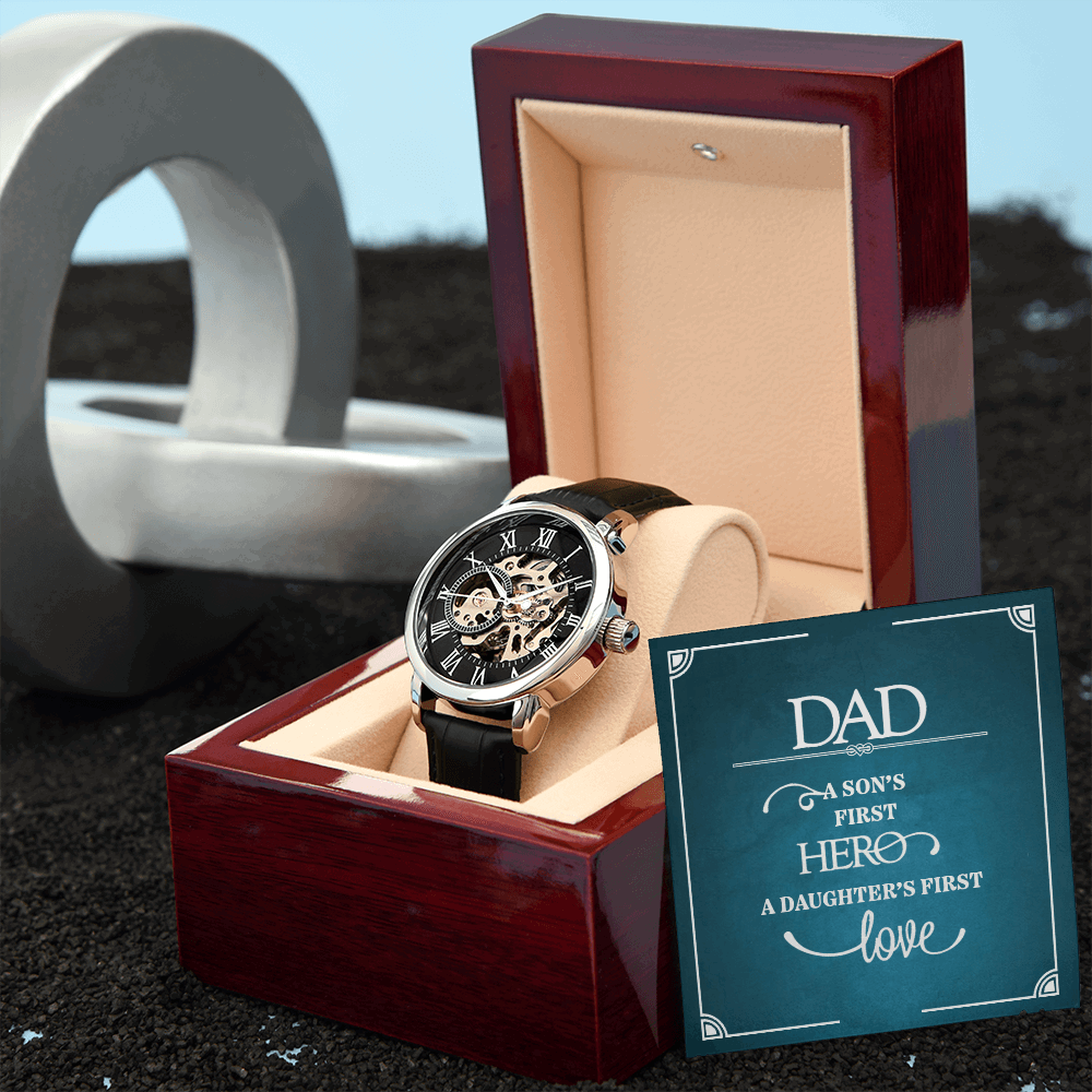 Dad a sons first Hero Men's Openwork Watch With Mahogany Box - StarShineBox -