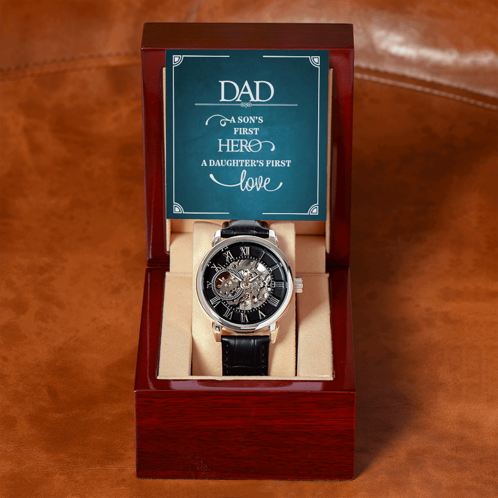 Dad a sons first Hero Men's Openwork Watch With Mahogany Box - StarShineBox -