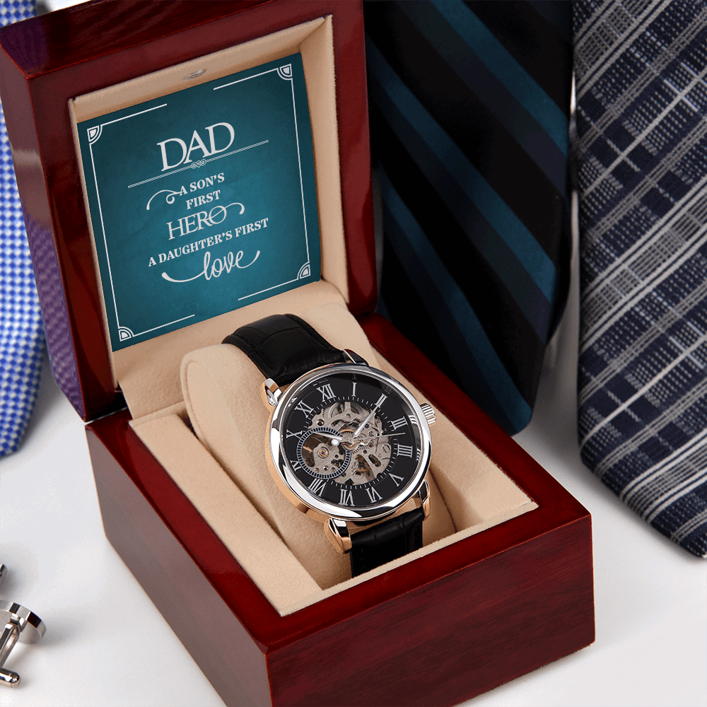 Dad a sons first Hero Men's Openwork Watch With Mahogany Box - StarShineBox -