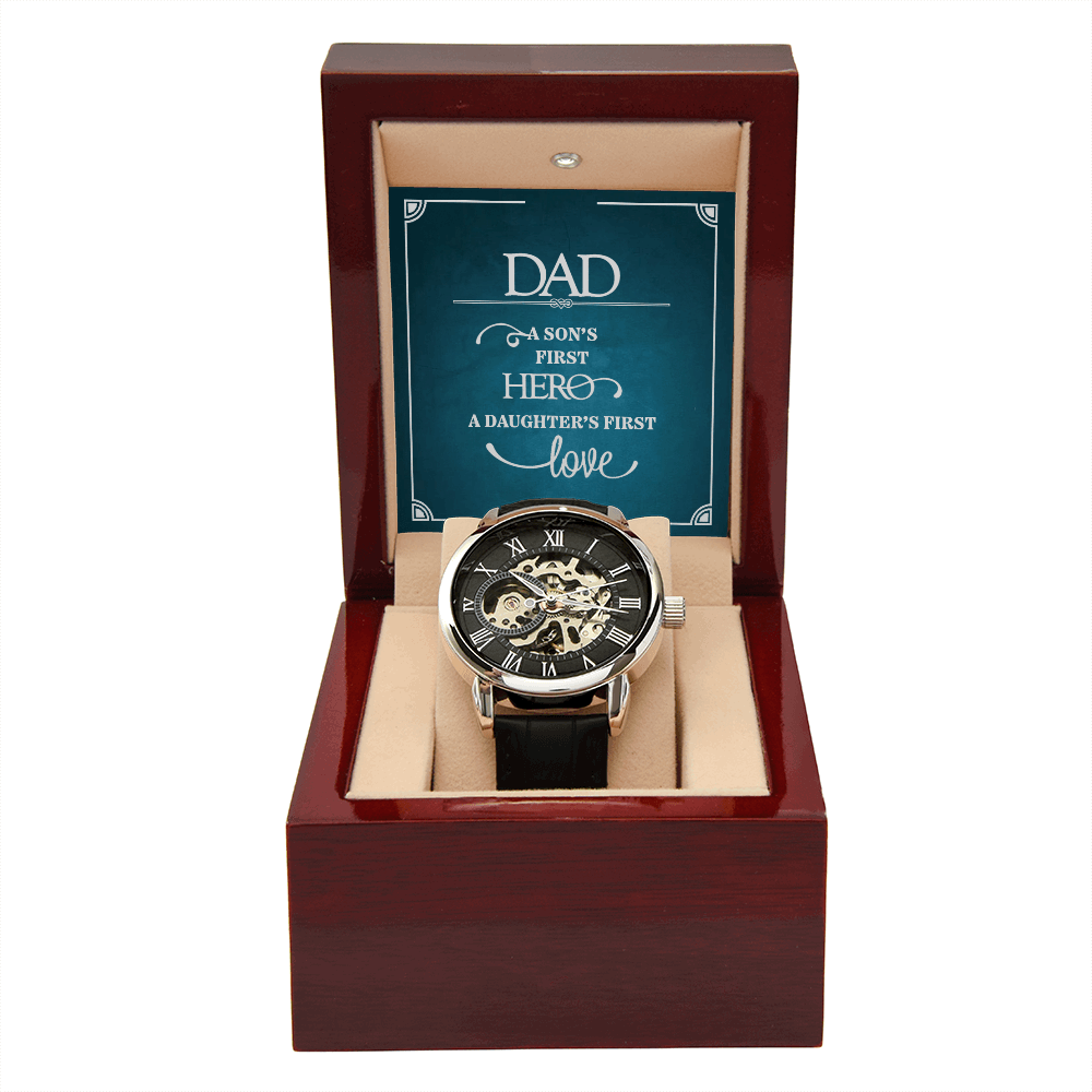 Dad a sons first Hero Men's Openwork Watch With Mahogany Box - StarShineBox -