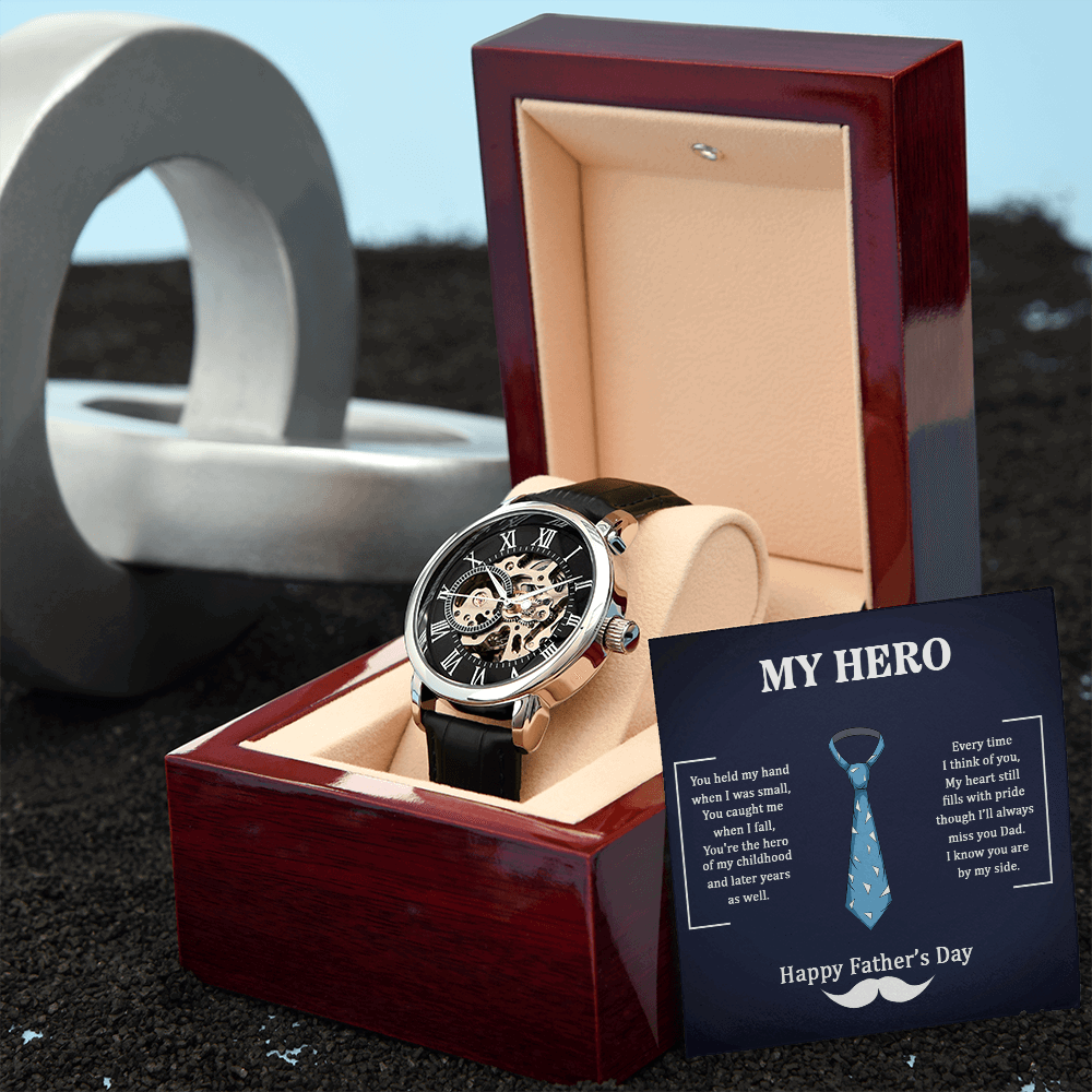 Dad my Hero Men's Openwork Watch With Mahogany Box - StarShineBox -