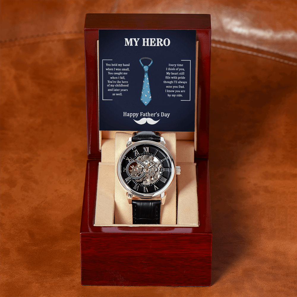 Dad my Hero Men's Openwork Watch With Mahogany Box - StarShineBox -