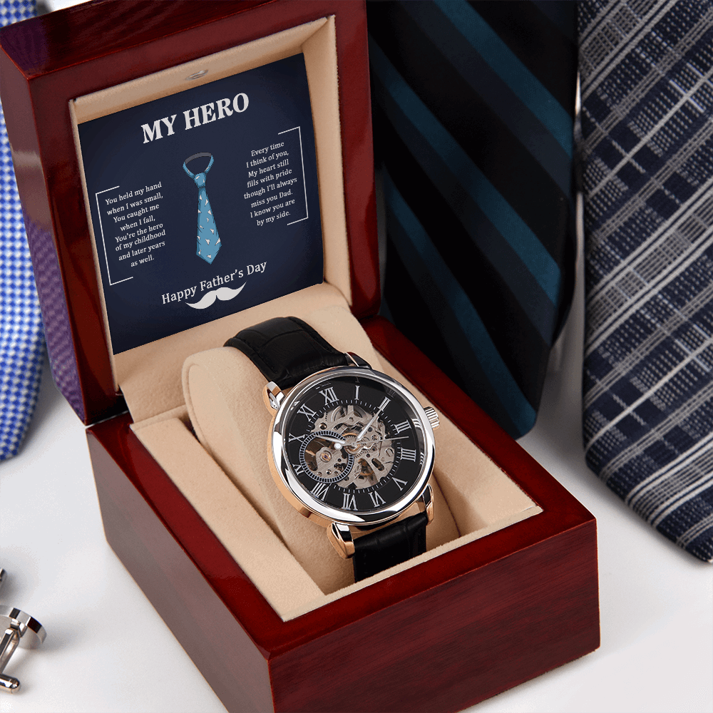Dad my Hero Men's Openwork Watch With Mahogany Box - StarShineBox -