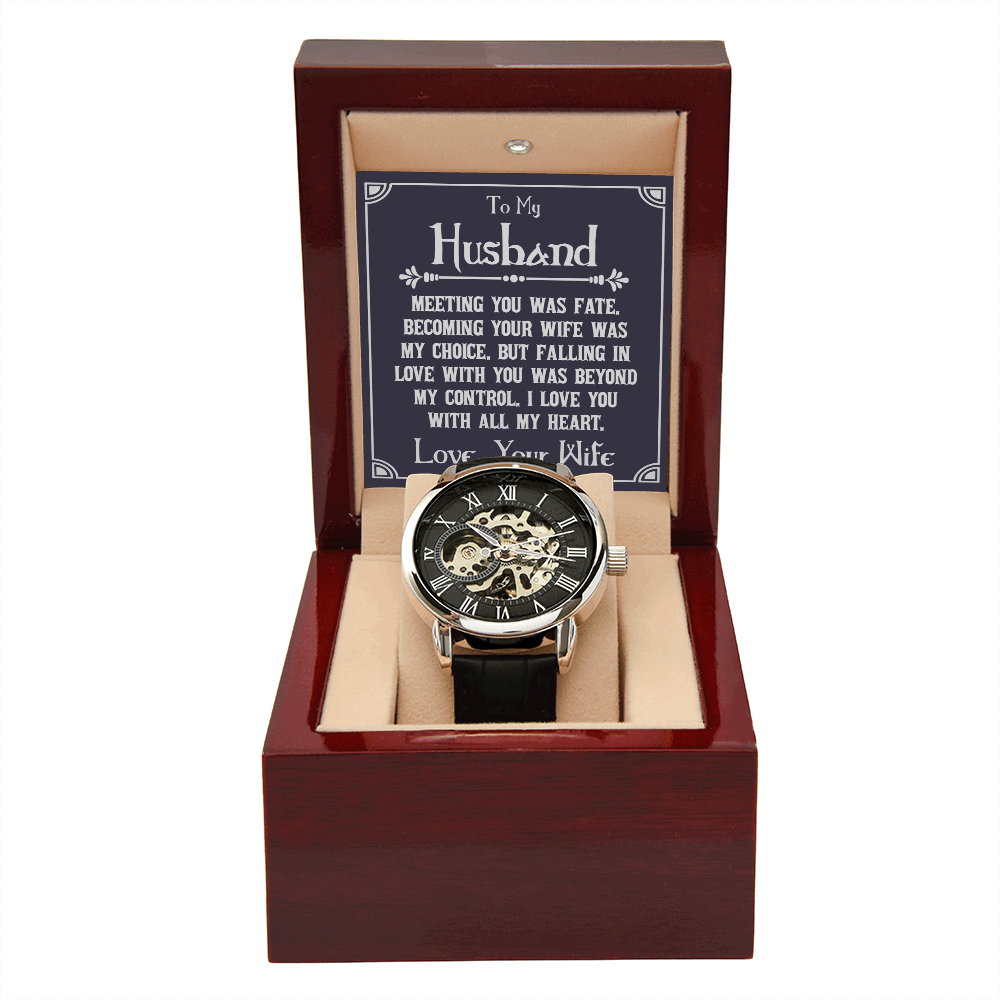 To My Husband - Meeting you was fate Men's Openwork Watch With Mahogany Box - StarShineBox -