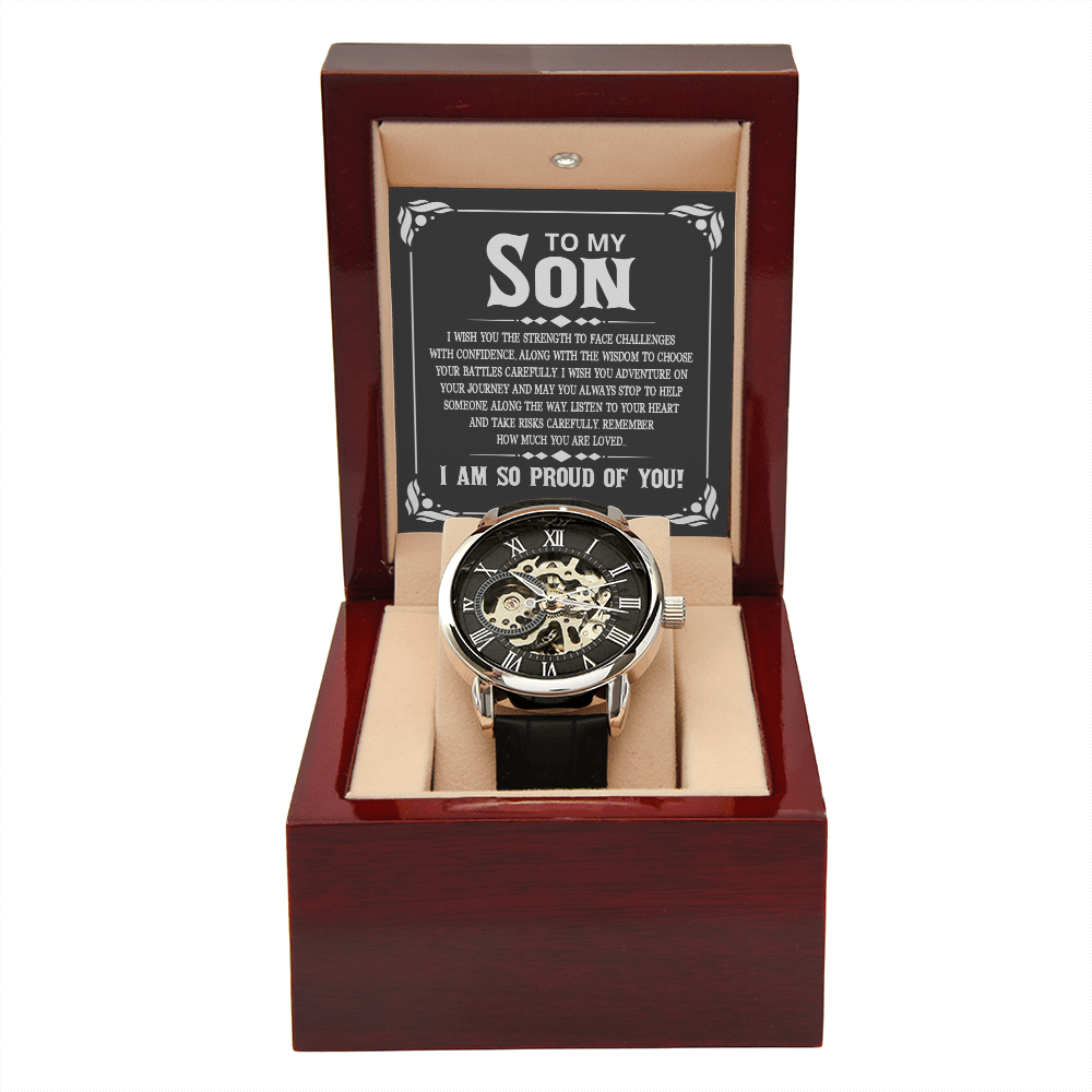 To My Son - I wish you the strength to face challenges Men's Openwork Watch With Mahogany Box - StarShineBox -