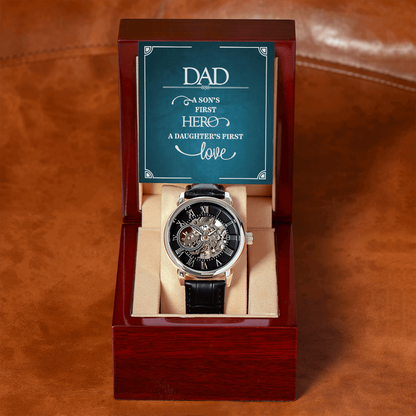 Dad a sons first Hero Men's Openwork Watch With Mahogany Box - StarShineBox -