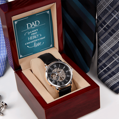 Dad a sons first Hero Men's Openwork Watch With Mahogany Box - StarShineBox -