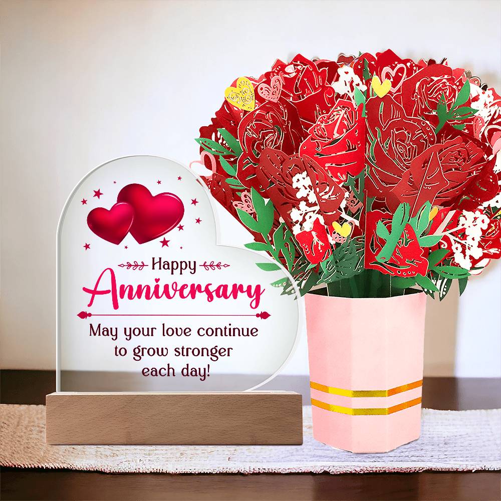 Happy Anniversary,  May your love continue to grow Heart Acrylic Plaque and Sweetest Devotion Flower Bouquet - StarShineBox -