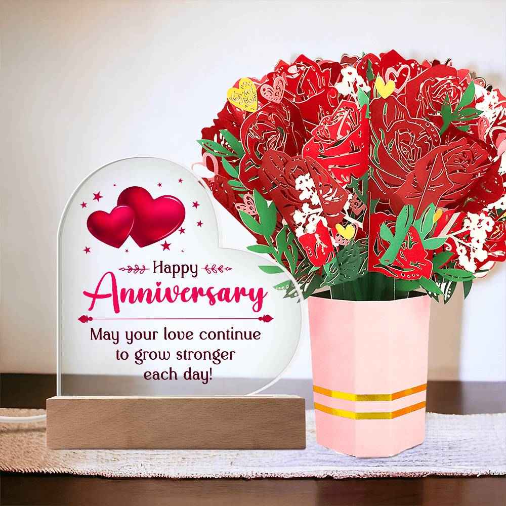 Happy Anniversary,  May your love continue to grow Heart Acrylic Plaque and Sweetest Devotion Flower Bouquet