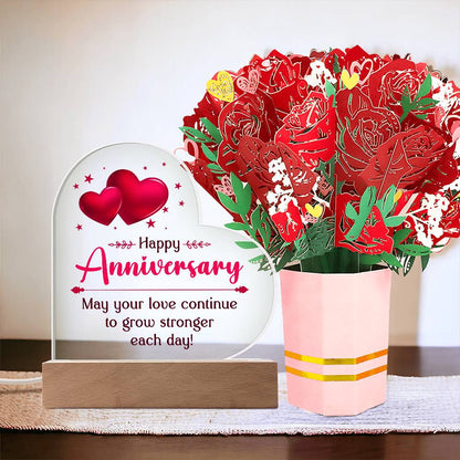 Happy Anniversary,  May your love continue to grow Heart Acrylic Plaque and Sweetest Devotion Flower Bouquet - StarShineBox -