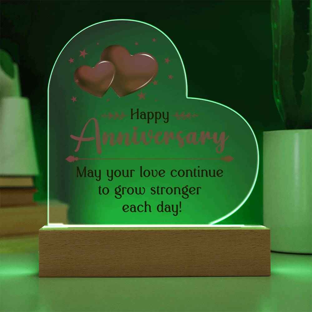 Happy Anniversary,  May your love continue to grow Heart Acrylic Plaque and Sweetest Devotion Flower Bouquet