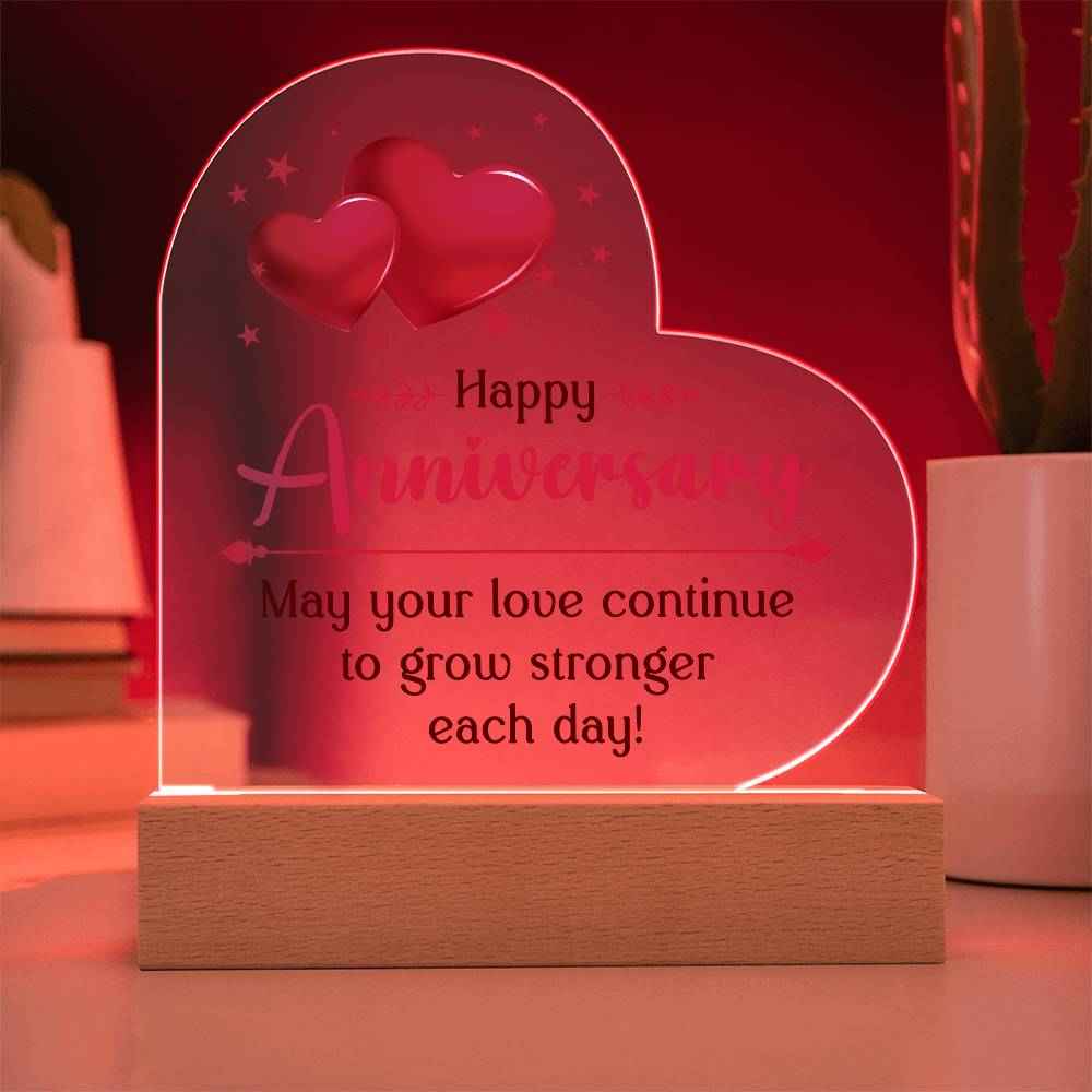 Happy Anniversary,  May your love continue to grow Heart Acrylic Plaque and Sweetest Devotion Flower Bouquet