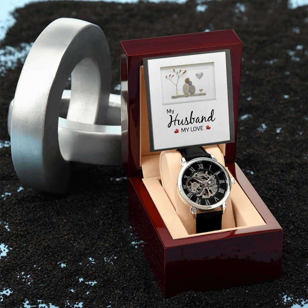 My Husband my Love Men's Openwork Watch With Mahogany Box - StarShineBox -