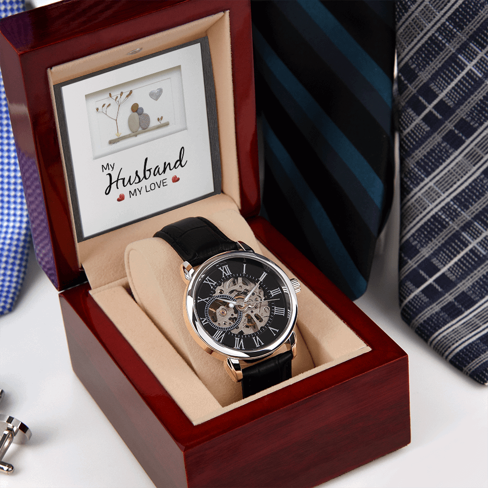 My Husband my Love Men's Openwork Watch With Mahogany Box - StarShineBox -
