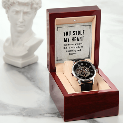 My man-You stole my heart Men's Openwork Watch With Mahogany Box - StarShineBox -