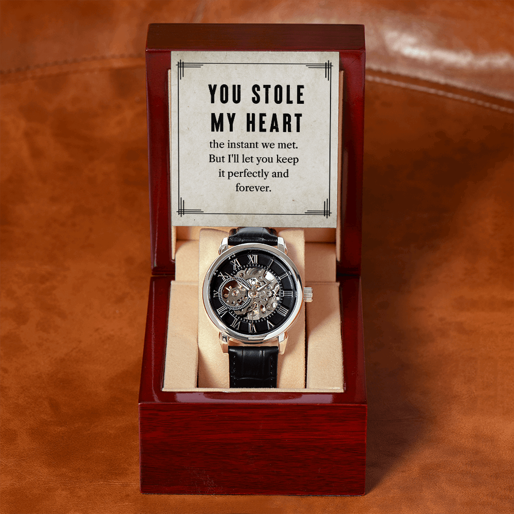 My man-You stole my heart Men's Openwork Watch With Mahogany Box - StarShineBox -