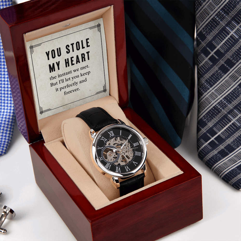 My man-You stole my heart Men's Openwork Watch With Mahogany Box - StarShineBox -