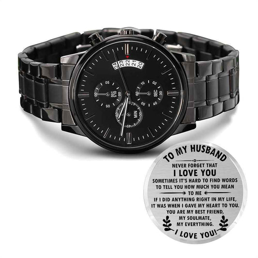 To MY Husband- Never forget that I love you Black Chronograph Watch - Starshine Box 