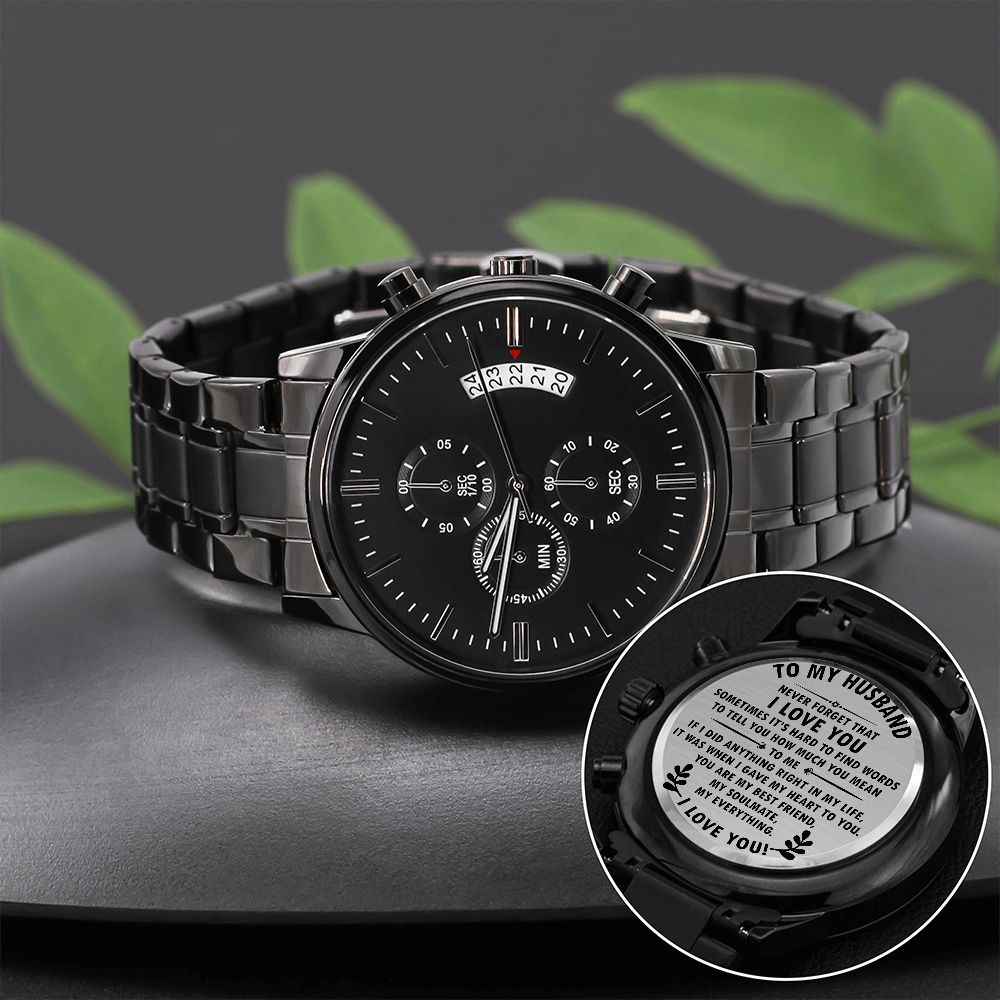 To MY Husband- Never forget that I love you Black Chronograph Watch - Starshine Box 