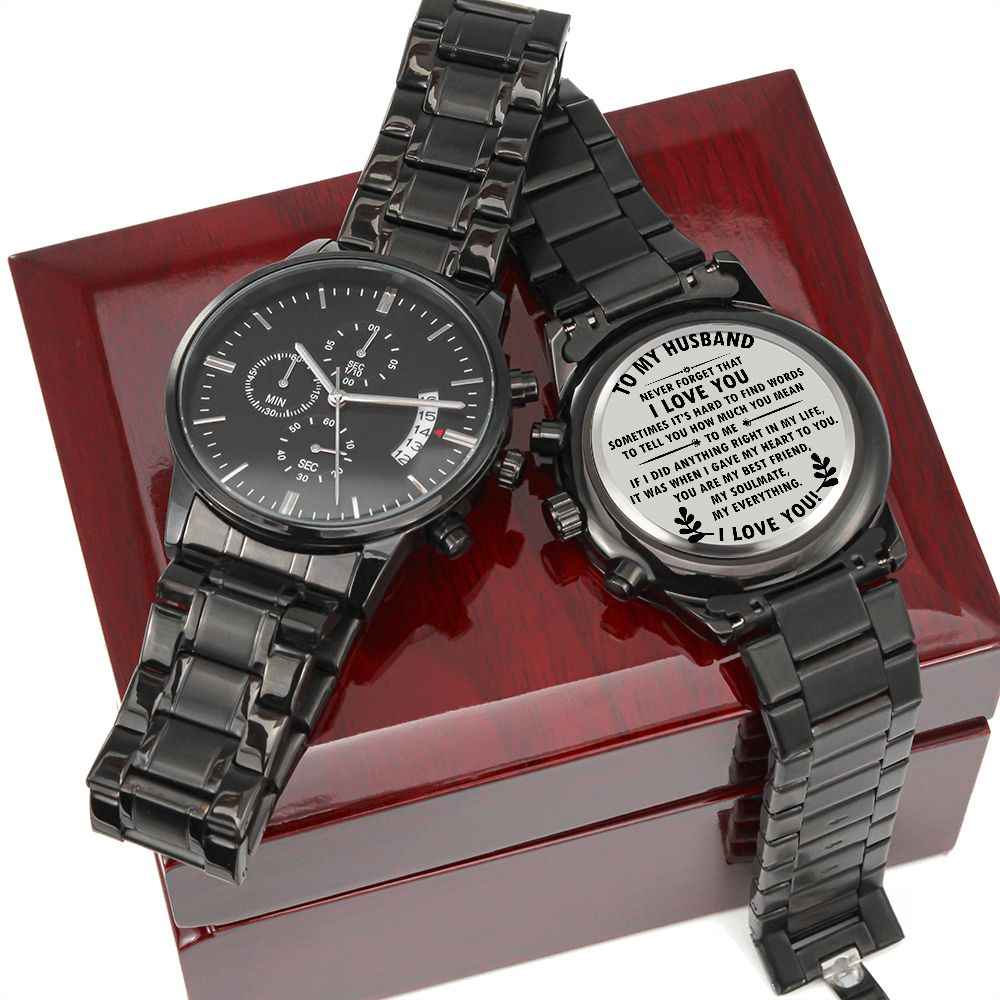 To MY Husband- Never forget that I love you Black Chronograph Watch - Starshine Box 