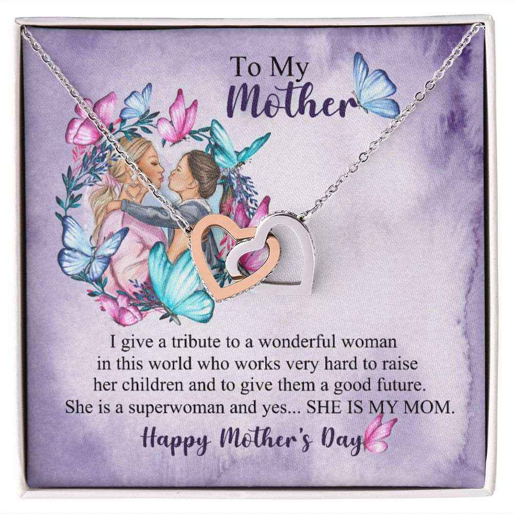 To Mom- she is superwomen Mothers day Interlocking Hearts Necklace