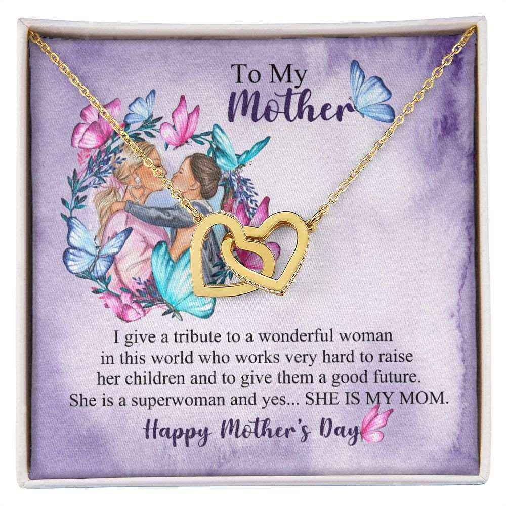 To Mom- she is superwomen Mothers day Interlocking Hearts Necklace