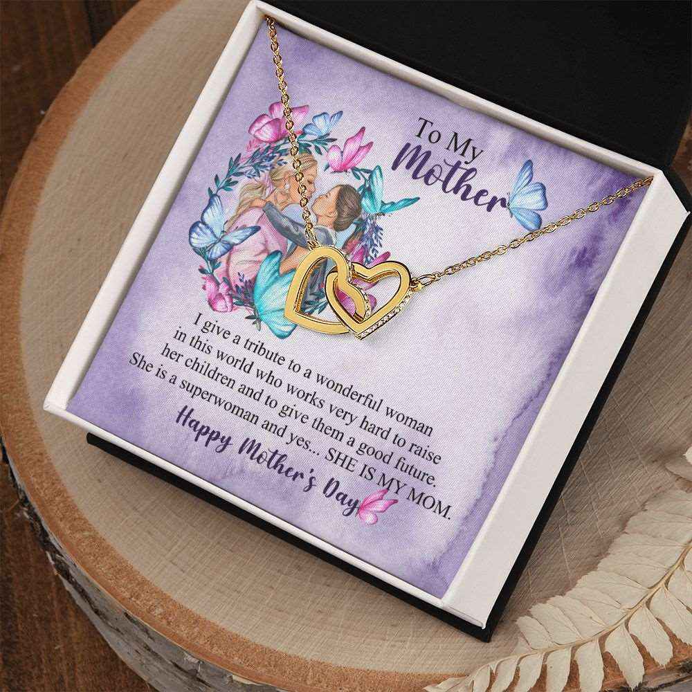 To Mom- she is superwomen Mothers day Interlocking Hearts Necklace