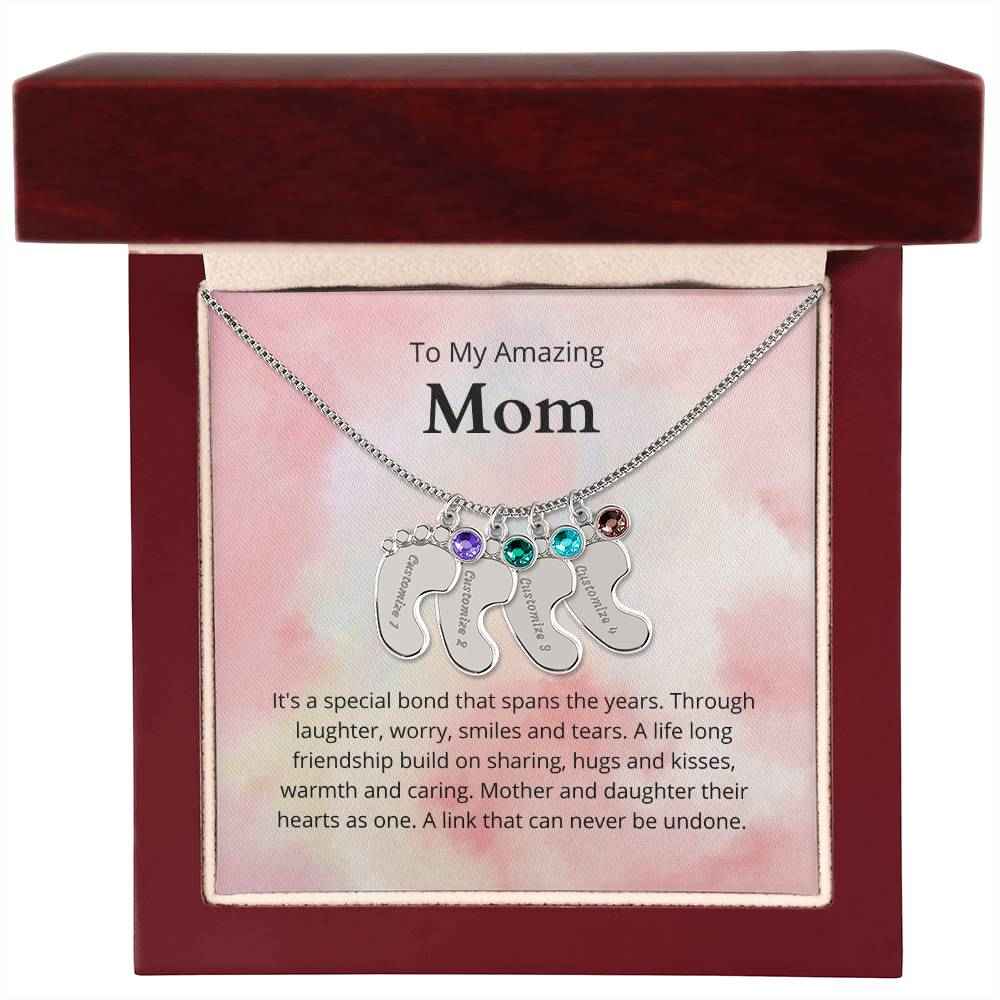 To My Amazing Mom It's a special bond that spans the years Custom Baby Feet Necklace with Birthstone