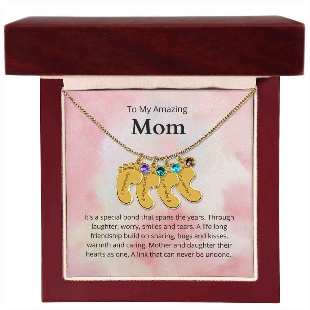 To My Amazing Mom It's a special bond that spans the years Custom Baby Feet Necklace with Birthstone