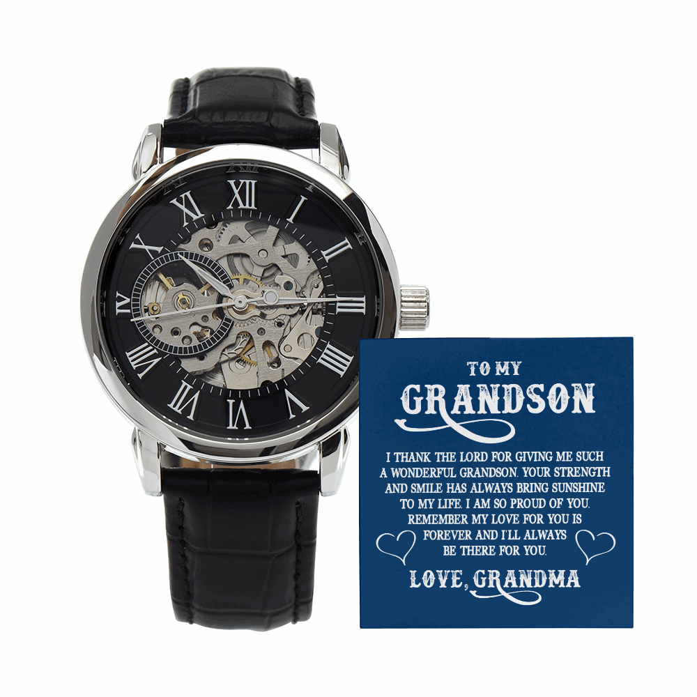 To My GrandSon - I thank The LORD for giving me such Men's Openwork Watch With Mahogany Box - StarShineBox -