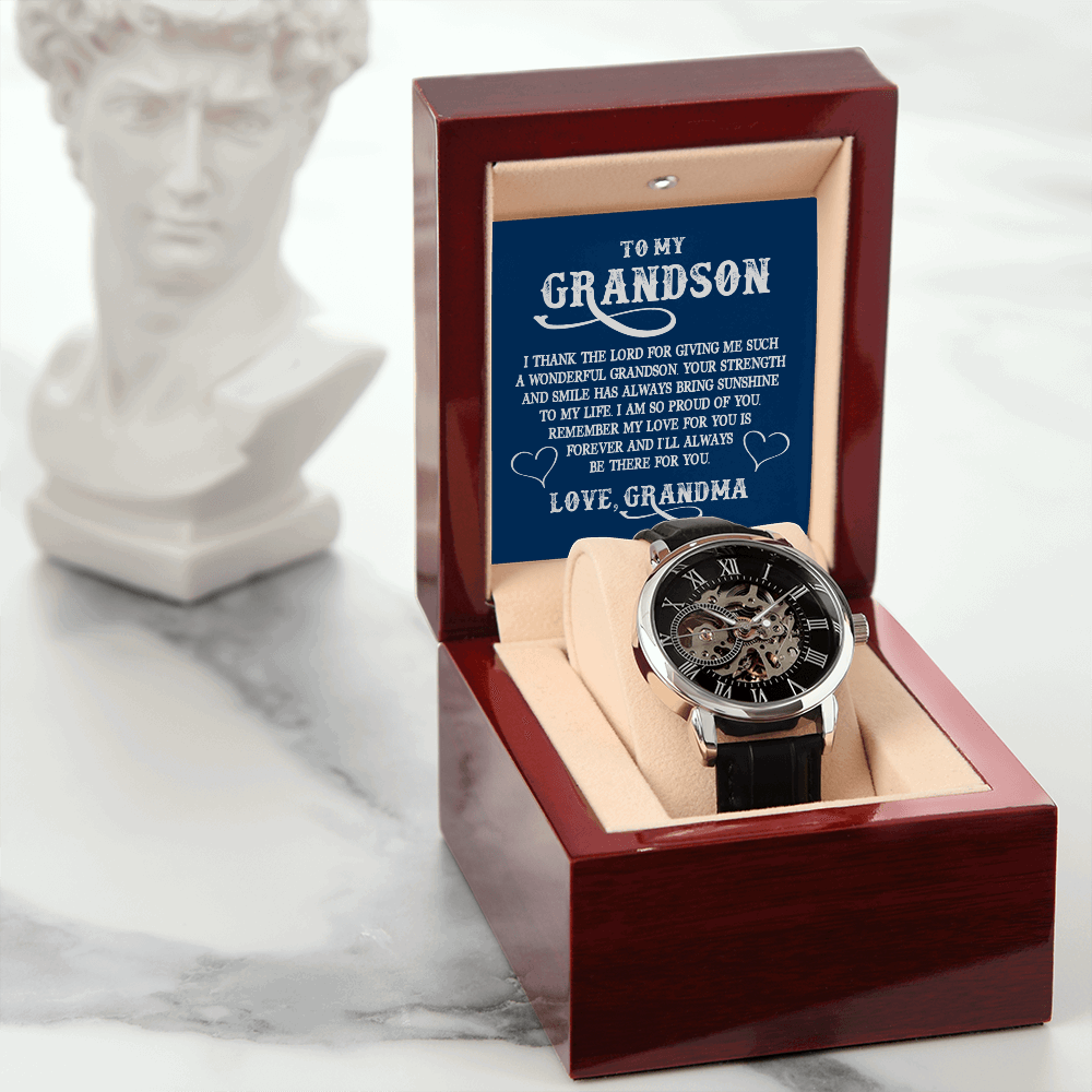 To My GrandSon - I thank The LORD for giving me such Men's Openwork Watch With Mahogany Box - StarShineBox -