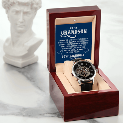 To My GrandSon - I thank The LORD for giving me such Men's Openwork Watch With Mahogany Box - StarShineBox -