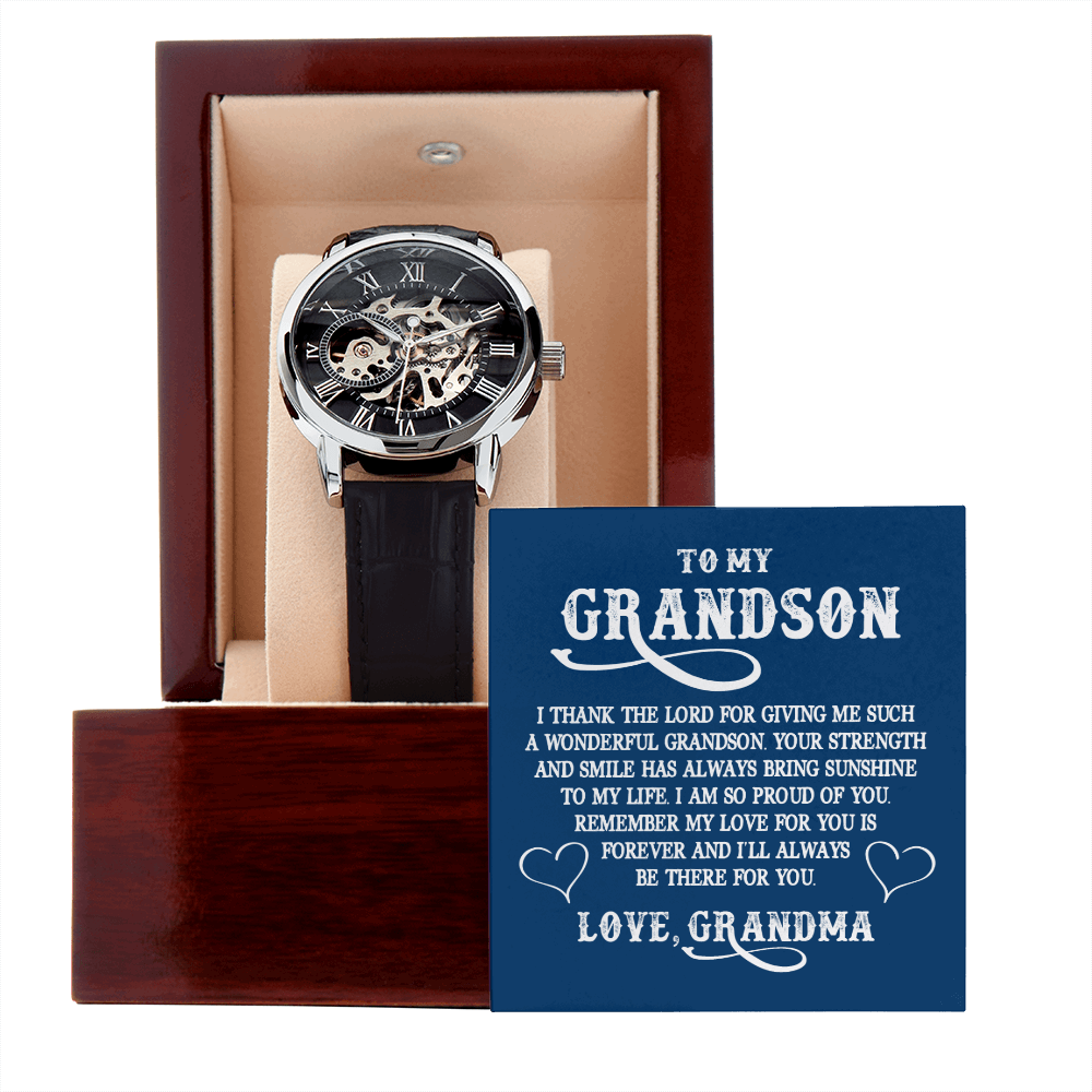 To My GrandSon - I thank The LORD for giving me such Men's Openwork Watch With Mahogany Box - StarShineBox -