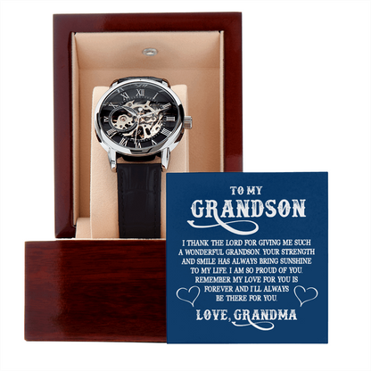 To My GrandSon - I thank The LORD for giving me such Men's Openwork Watch With Mahogany Box - StarShineBox -
