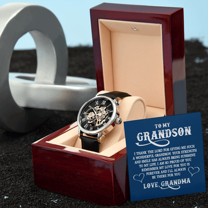 To My GrandSon - I thank The LORD for giving me such Men's Openwork Watch With Mahogany Box - StarShineBox -