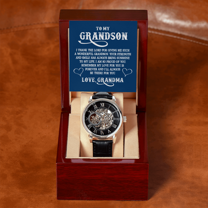 To My GrandSon - I thank The LORD for giving me such Men's Openwork Watch With Mahogany Box - StarShineBox -