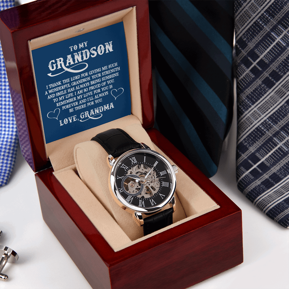 To My GrandSon - I thank The LORD for giving me such Men's Openwork Watch With Mahogany Box - StarShineBox -