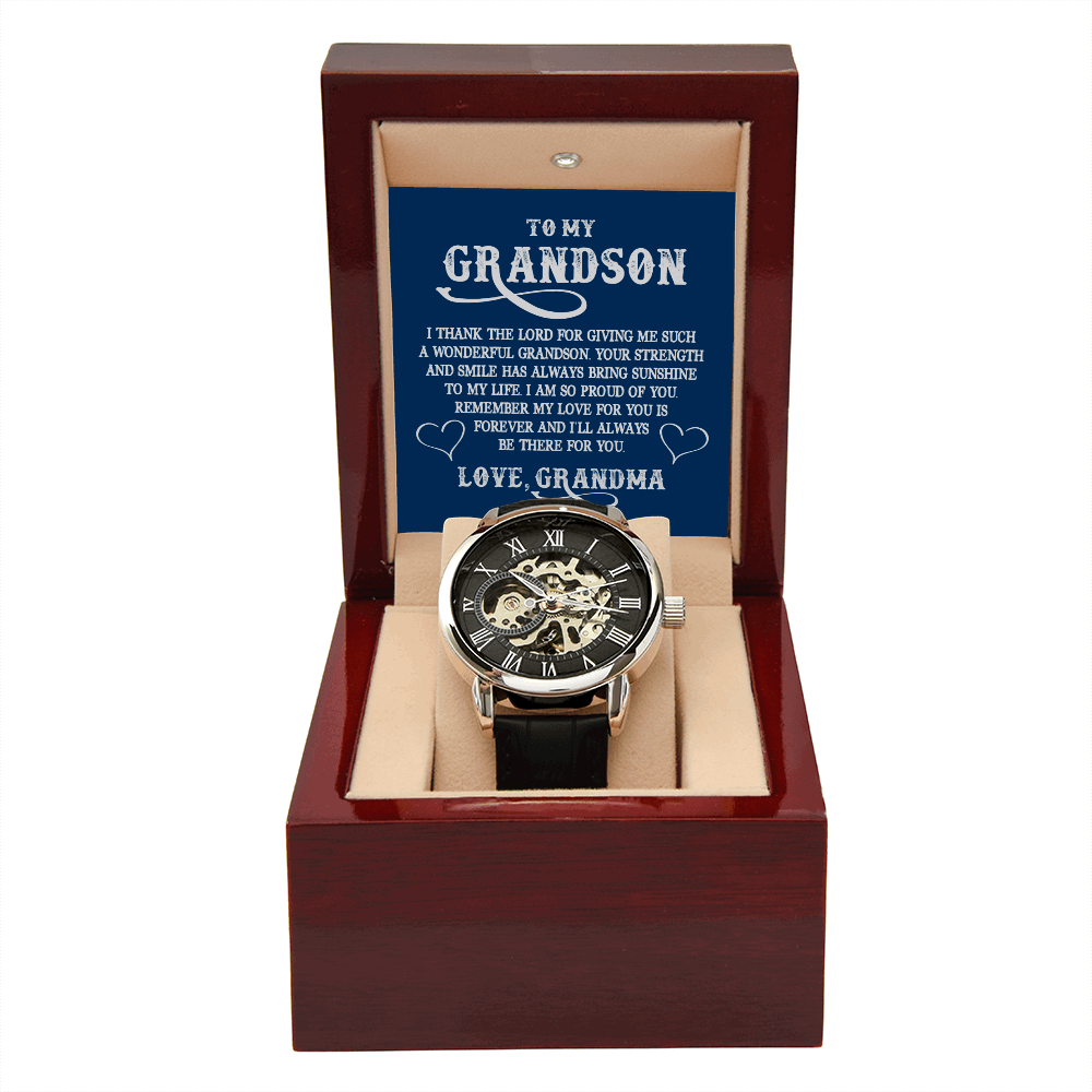 To My GrandSon - I thank The LORD for giving me such Men's Openwork Watch With Mahogany Box - StarShineBox -