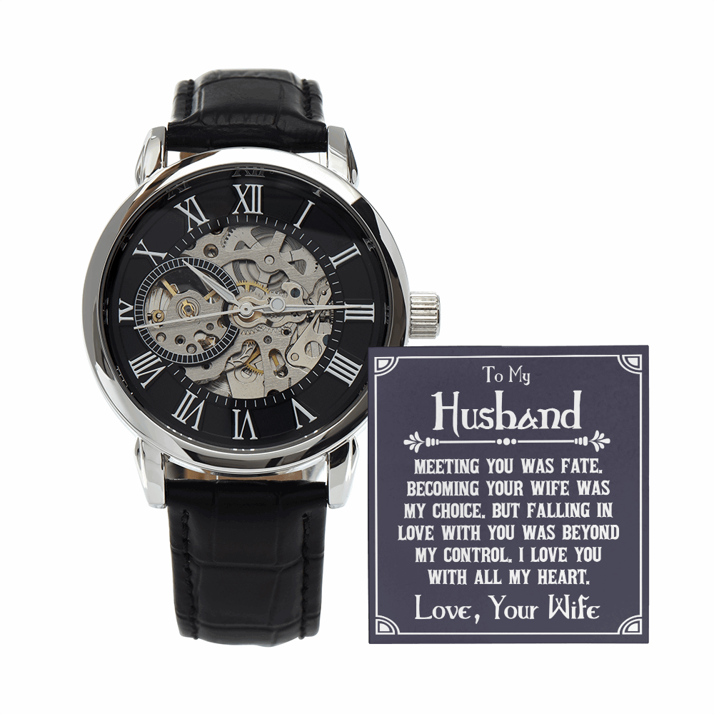 To My Husband - Meeting you was fate Men's Openwork Watch With Mahogany Box - StarShineBox -