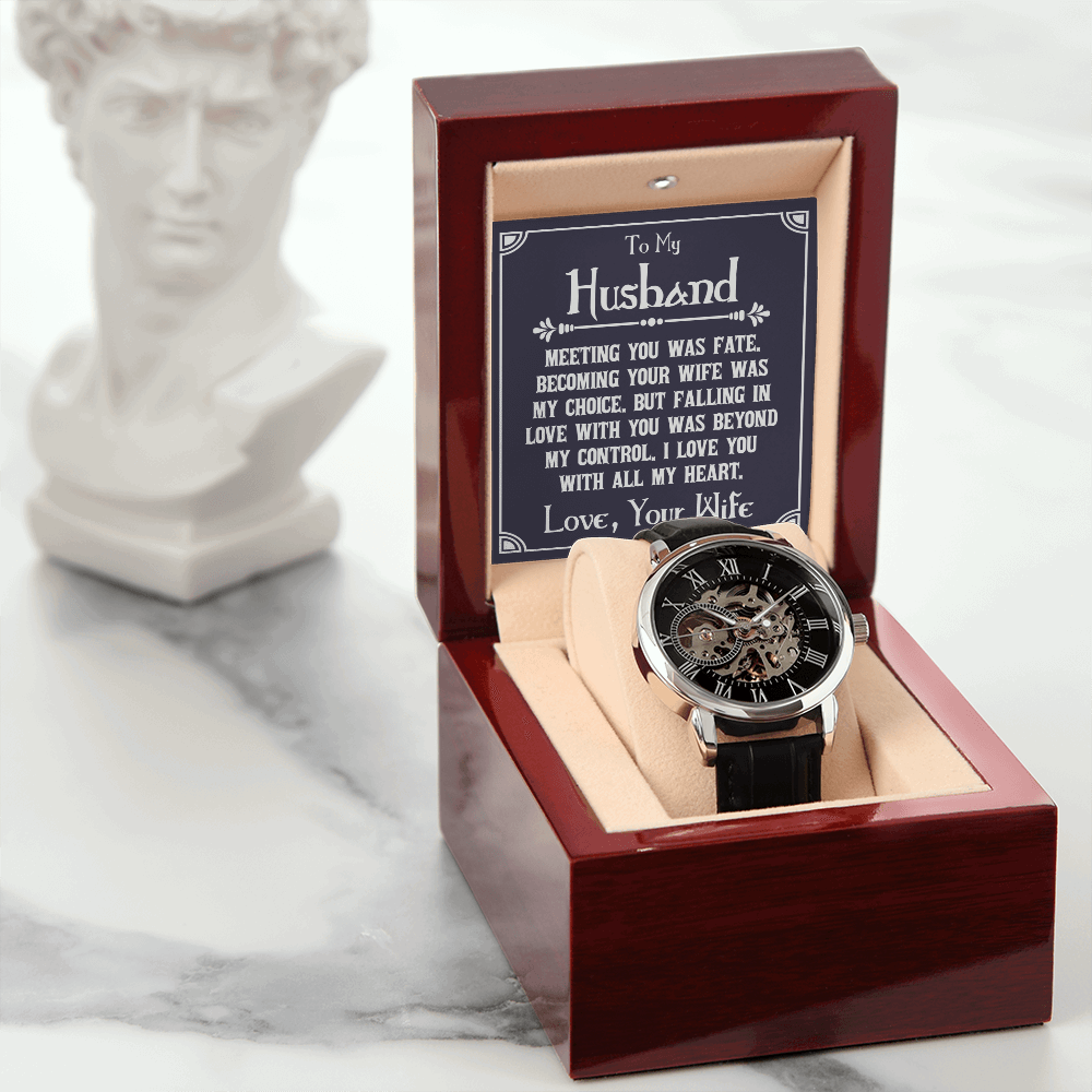 To My Husband - Meeting you was fate Men's Openwork Watch With Mahogany Box - StarShineBox -