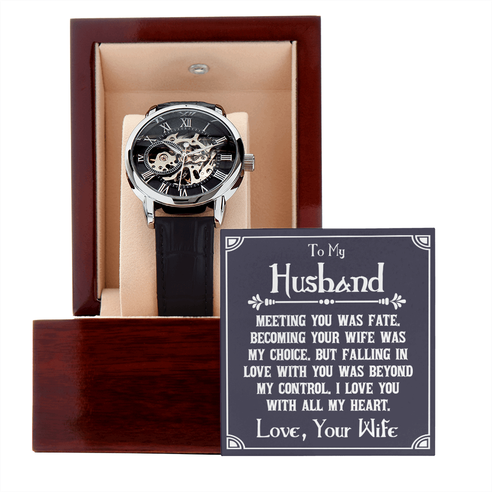 To My Husband - Meeting you was fate Men's Openwork Watch With Mahogany Box - StarShineBox -