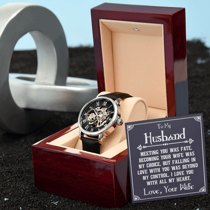 To My Husband - Meeting you was fate Men's Openwork Watch With Mahogany Box - StarShineBox -