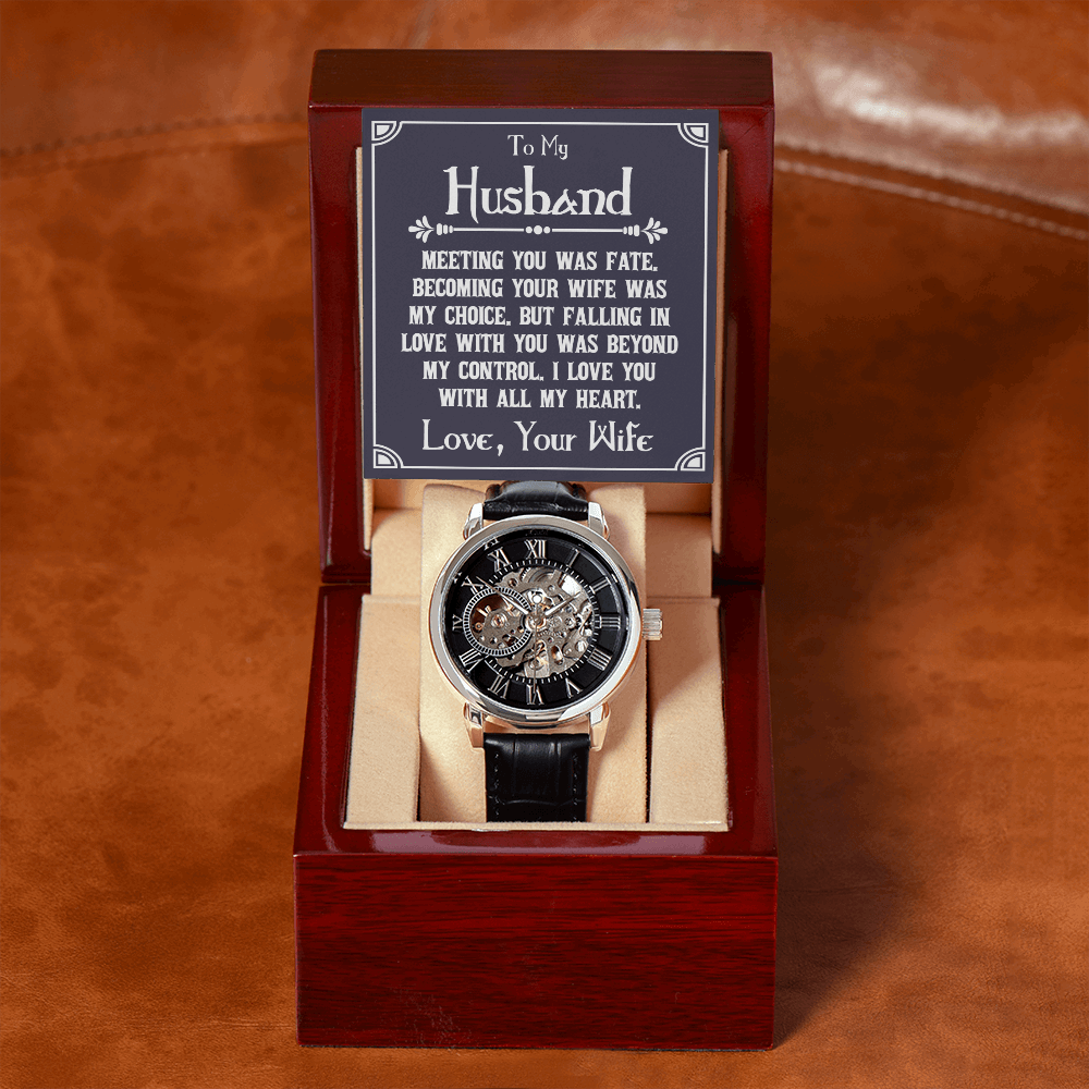 To My Husband - Meeting you was fate Men's Openwork Watch With Mahogany Box - StarShineBox -