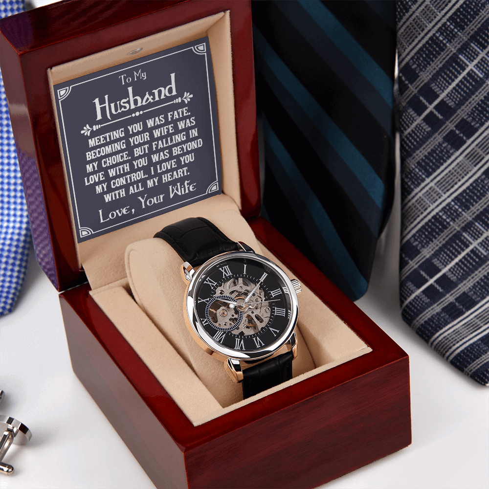 To My Husband - Meeting you was fate Men's Openwork Watch With Mahogany Box - StarShineBox -