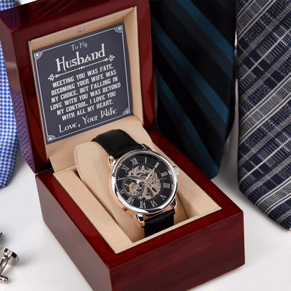 To My Husband - Meeting you was fate Men's Openwork Watch With Mahogany Box - StarShineBox -