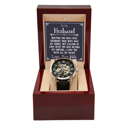 To My Husband - Meeting you was fate Men's Openwork Watch With Mahogany Box - StarShineBox -