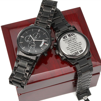 To My Man - When I Tell You I Love You Black Chronograph Watch - Starshine Box 